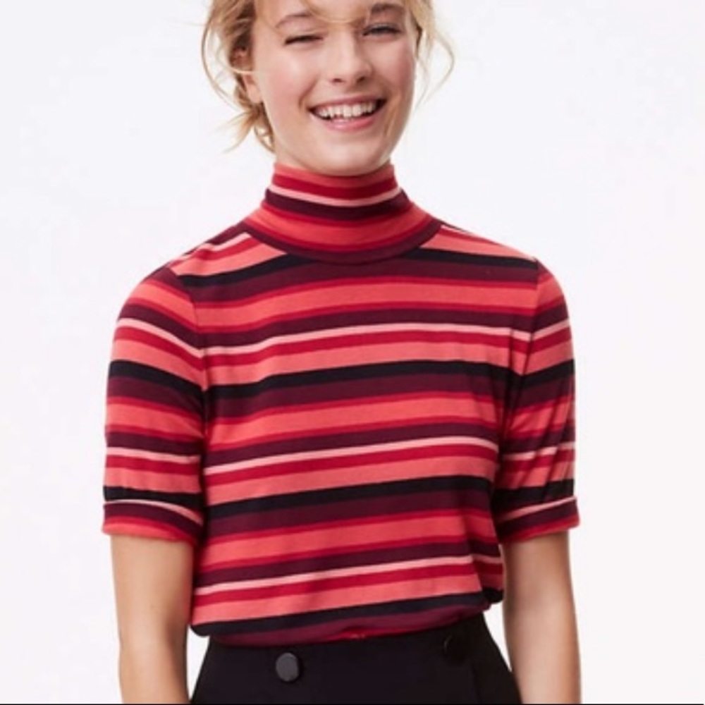 LOFT Striped 3/4 Sleeve Mock Turtleneck Top